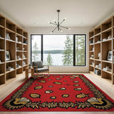 Vibrant Red Acorn Bee Sunflower Pattern Rug