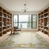 Beige and Neutral Elegant Floral Border Beige Area Rug
