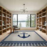 Beige and Neutral Navy Anchor Coastal Beach Area Rug