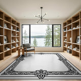 Black and White Ornate Fleur-de-Lis Black White Area Rug