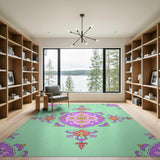 Mint Green Persian Rug with Vibrant Floral Mandala