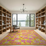 Vibrant Pink Flowers on Sunny Yellow Area Rug