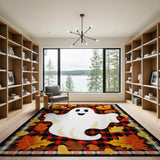 Buffalo Plaid Halloween Ghost Rug with Fall Leaves