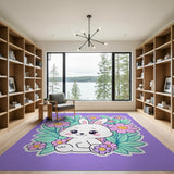 Adorable Kawaii Bunny with Flowers Purple Rug
