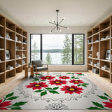 Festive Red Poinsettia Holly Floral Rug