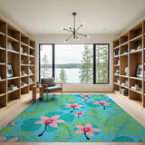 Pink Orchid Palm Leaf Teal Blue Area Rug