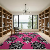Hot Pink Black Floral Damask Area Rug