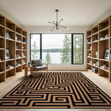 Black Maze Geometric Area Rug on Tan