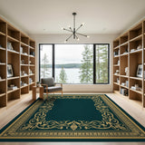 Deep Teal Area Rug with Ornate Gold Border