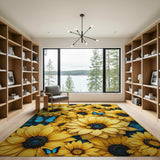 Golden Sunflower Meadow Rug with Blue Butterflies