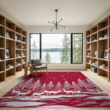 Red Reindeer Snowy Forest Silhouette Area Rug