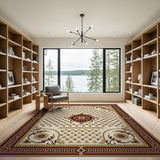 Traditional Persian Ivory Rug with Gold Medallion Maroon Border