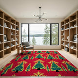 Festive Red Christmas Trees Snowflakes Pattern Rug