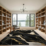 ODIKA Modern Black and Gold Marble Washable Rug - Low Pile Non-Slip Luxury Area Rug