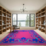 Vibrant Pink Area Rug with Blue Floral Border