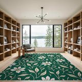 Green Emerald Green White Daisy Floral Area Rug