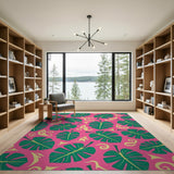 Pink Monstera Leaves with Tribal Swirls Area Rug