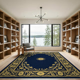 Navy Blue Gold Floral Border Persian Area Rug