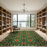 Vibrant Green Red Star Geometric Persian Rug