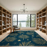 Gold Fern Leaves Stars Navy Pattern Area Rug