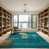 Blue and Teal Teal Gold Geometric Modern Area Rug