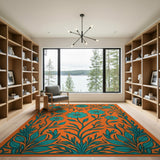 Teal Daisy Floral Area Rug on Vibrant Orange