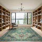 Teal Persian Area Rug with Coral Accents