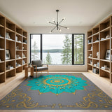 Teal Lotus Mandala Area Rug with Gold Accents