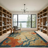 Whimsical Orange Octopus Teal Branch Area Rug