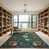 Teal Persian Floral Area Rug with Coral Blooms