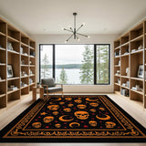 Gothic Orange Skulls Moons Stars Black Area Rug