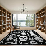 Distressed Skulls Bones Black White Area Rug