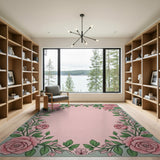 Pink Vintage Pink Rose Floral Border Area Rug