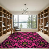 Vibrant Pink Damask Area Rug with Gold Accents