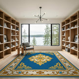 Navy Blue Traditional Persian Rug with Gold Ornate Border