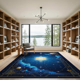 Washable Celestial Sun & Moon Area Rug - Navy Blue and Gold Mystical Low Pile Carpet