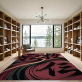 Crimson Swirl Black Calligraphy Abstract Area Rug
