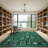 Whimsical Green Kids Rug with Books Globes Apples
