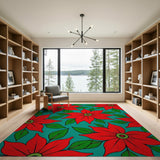 Vibrant Red Poinsettia Teal Area Rug