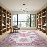 Pink Floral Mandala Area Rug with Ornate Border