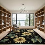 Golden Sunflower Floral Area Rug Black