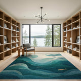 Teal Ocean Waves Area Rug with Fish Whale