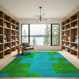 Teal and Lime Green Geometric Block Rug