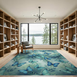 Blue Butterfly Meadow Washable Area Rug