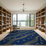 Navy Blue Music Notes Area Rug with Golden Waves