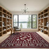 Deep Red Winter Deer and Pine Silhouette Rug