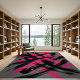 Bold Pink Black Abstract Brushstroke Grey Area Rug