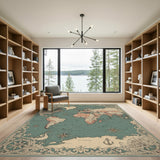 Vintage World Map Teal Area Rug