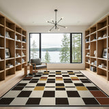 Geometric Grid Area Rug Black Beige Red Gold