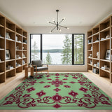 Ornate Green Persian Area Rug with Red Motifs